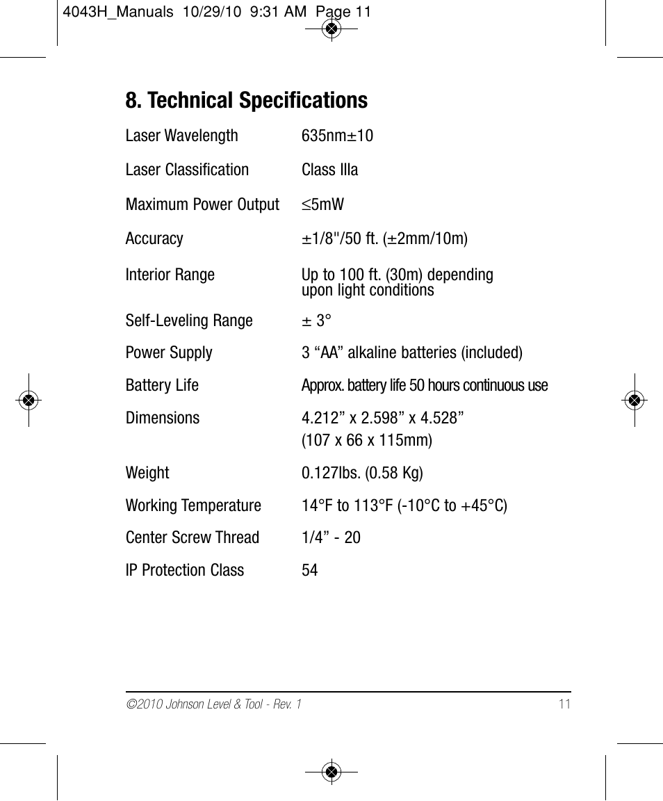 Technical specifications | Johnson Level & Tool Mfg. 40-6675 User Manual | Page 11 / 16