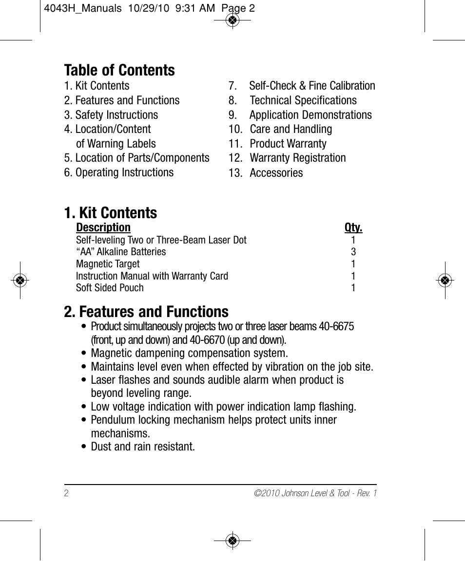 Johnson Level & Tool Mfg. 40-6675 User Manual | Page 2 / 16