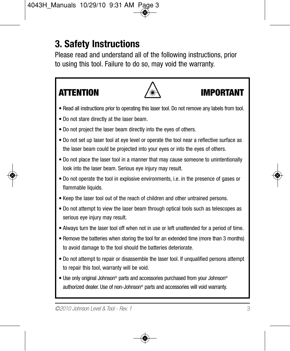 Safety instructions, Attention important | Johnson Level & Tool Mfg. 40-6675 User Manual | Page 3 / 16