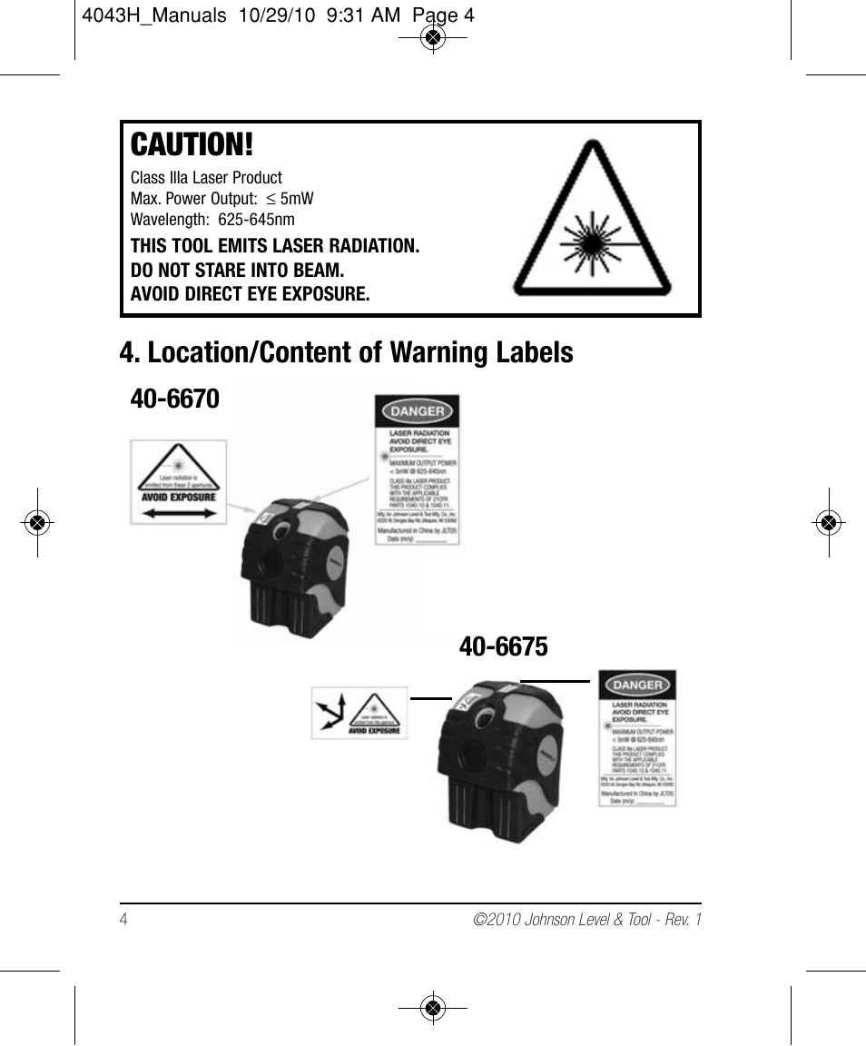 Caution, Location/content of warning labels | Johnson Level & Tool Mfg. 40-6675 User Manual | Page 4 / 16