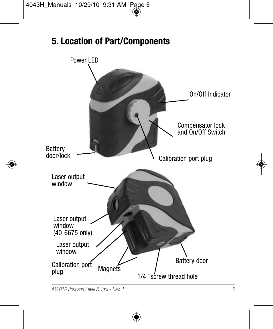 Location of part/components | Johnson Level & Tool Mfg. 40-6675 User Manual | Page 5 / 16