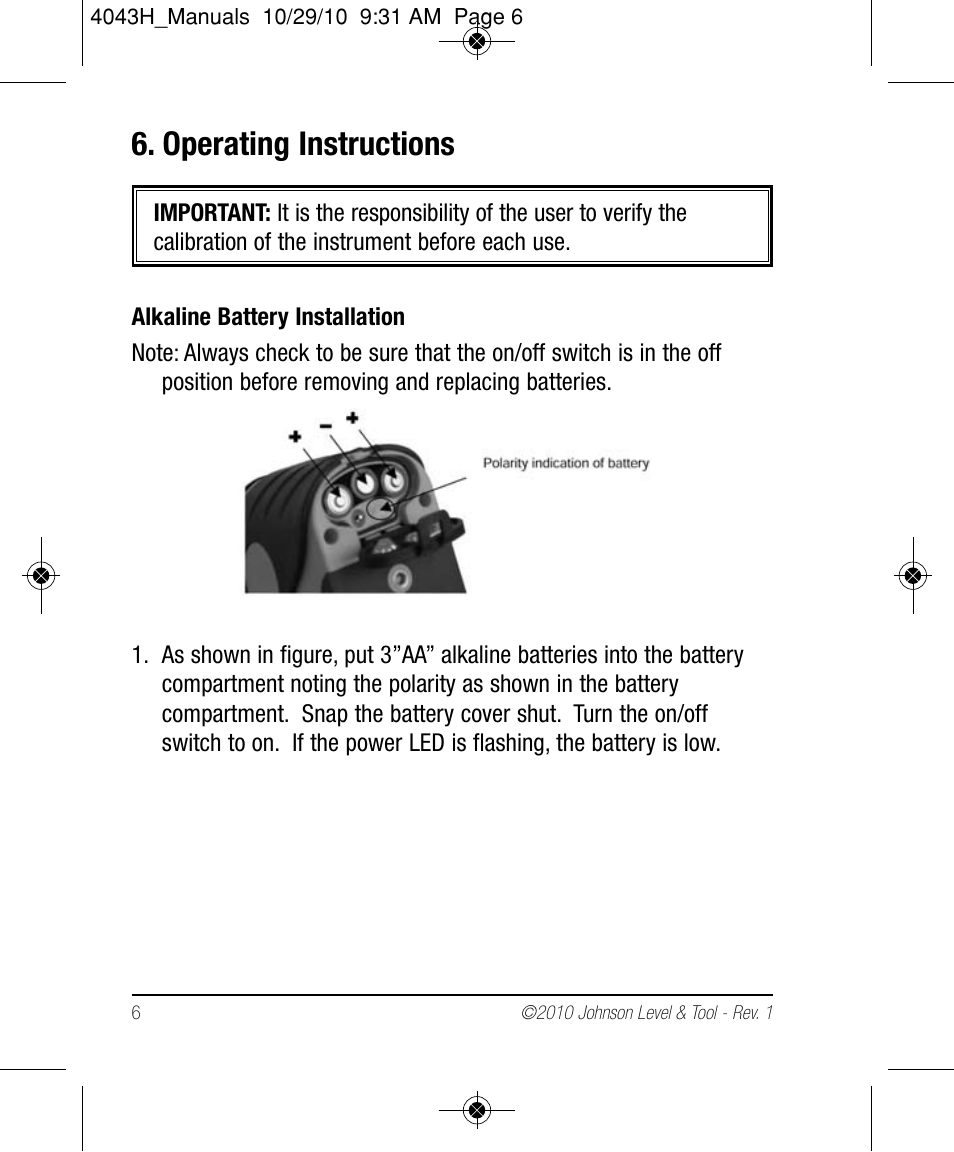 Operating instructions | Johnson Level & Tool Mfg. 40-6675 User Manual | Page 6 / 16