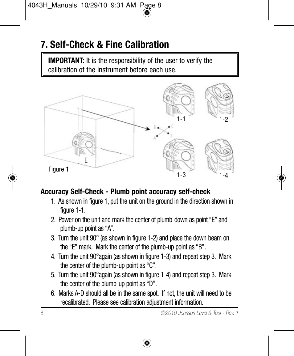 Self-check & fine calibration | Johnson Level & Tool Mfg. 40-6675 User Manual | Page 8 / 16