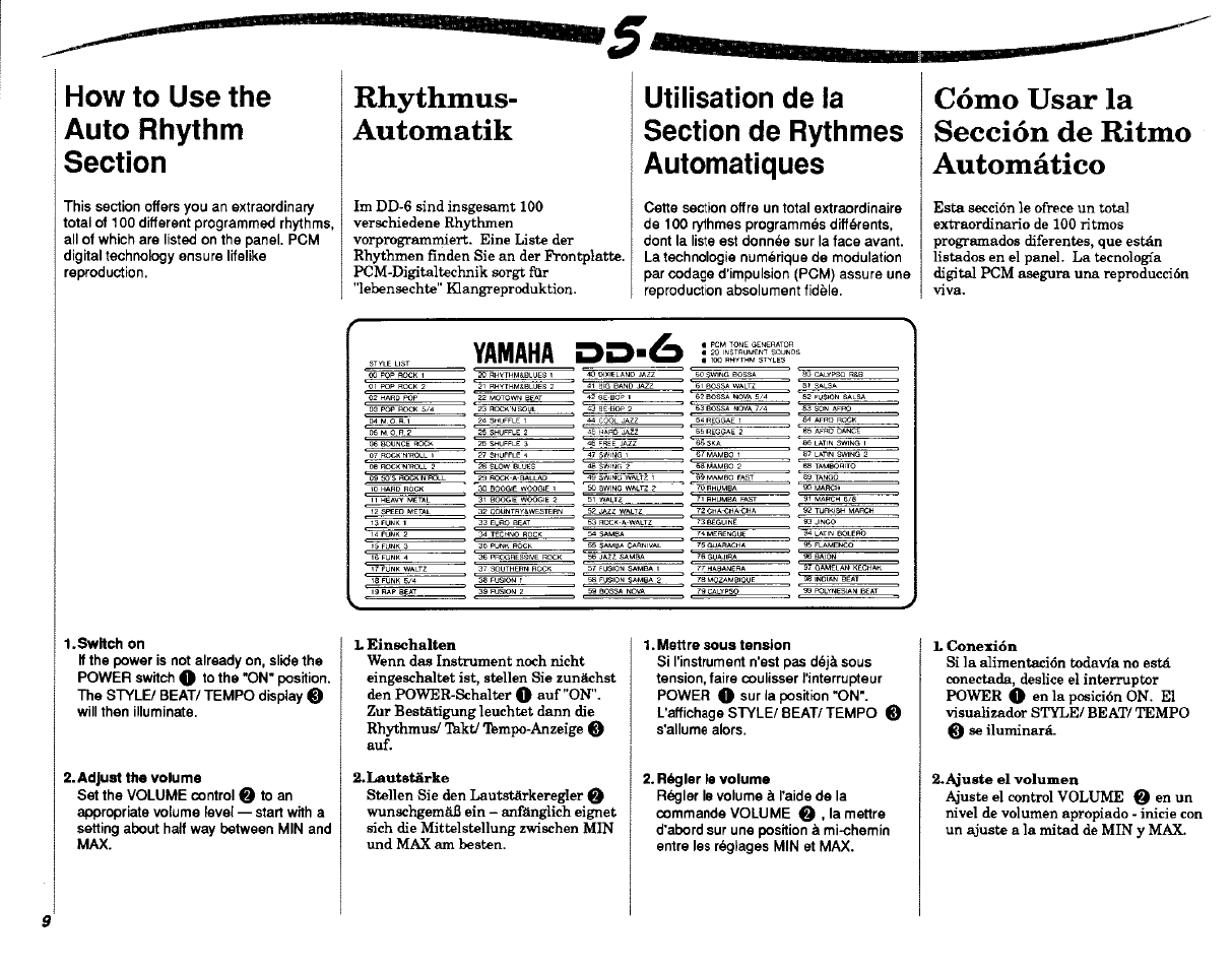 Rhythmus, Automatik, Cómo usar la sección de ritmo automático | Switch on, Adjust the volume, Mettre sous tension, Régler le volume, Rhythmus- automatik, Yamaha dd-â | Yamaha DD-6 User Manual | Page 10 / 19