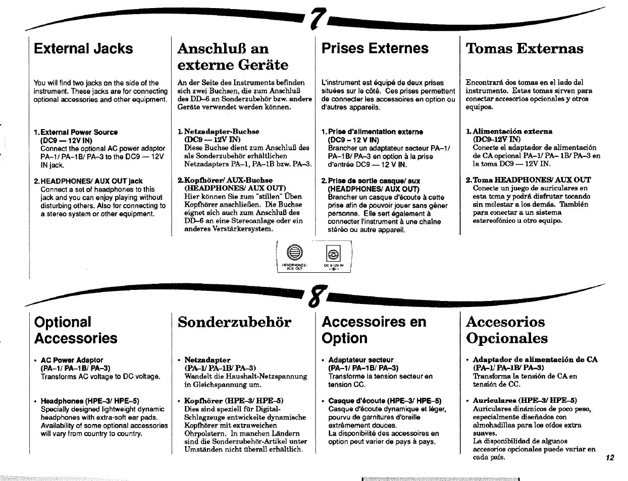 External jacks, External power source (dc9 —12v in), Headphones/ aux out jack | Anschluß an exteme geräte, Prises externes, Prise d'alimentation externe (dc9-12vin), Prise de sortie casque/ aux (headphones/ aux out), Tomas extemas, Optional, Accessories | Yamaha DD-6 User Manual | Page 13 / 19