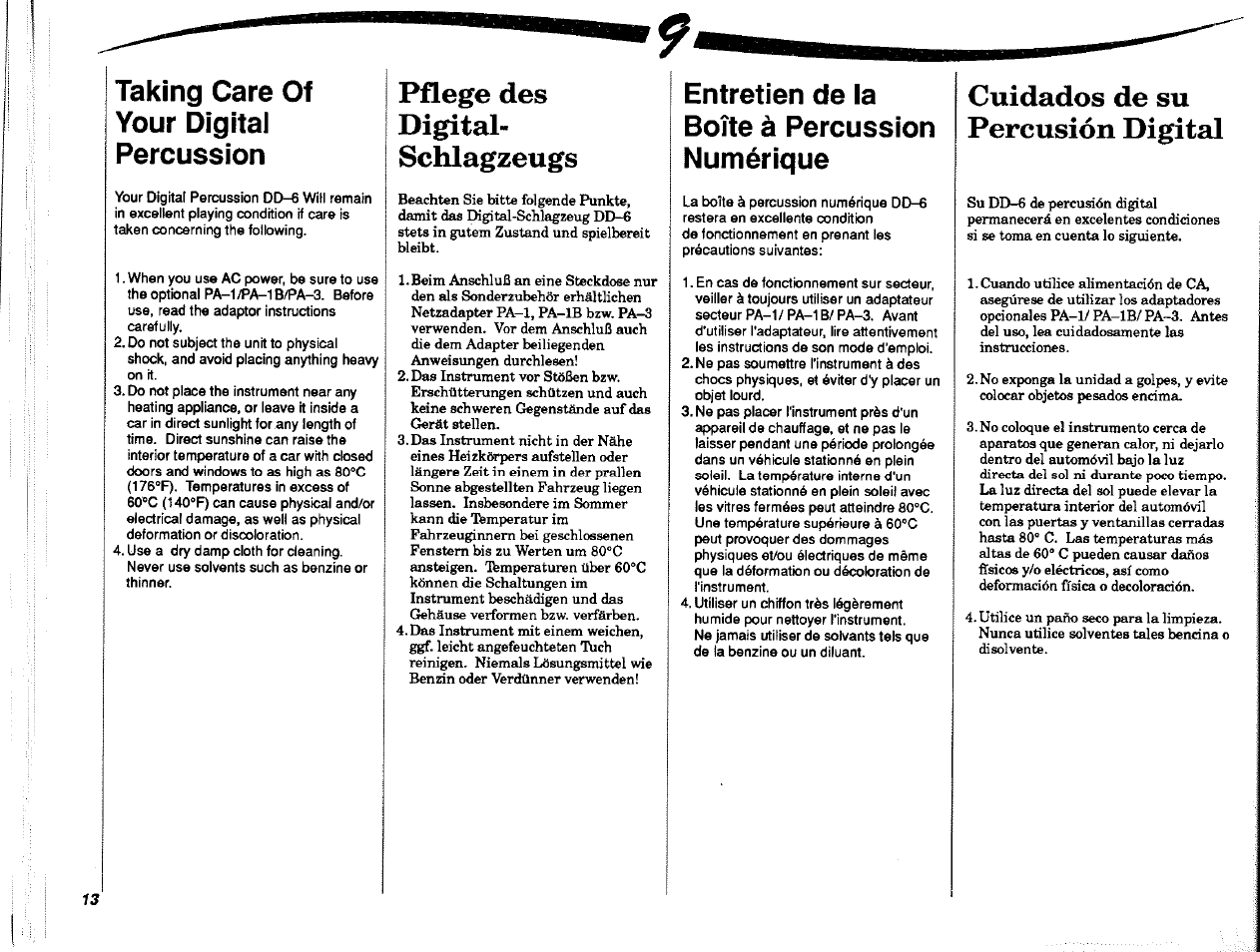 Pflege des, Digital, Schlagzeugs | Cuidados de su percusión digital, Pflege des digital- schlagzeugs, Taking care of your digital percussion, Entretien de la boîte à percussion numérique | Yamaha DD-6 User Manual | Page 14 / 19