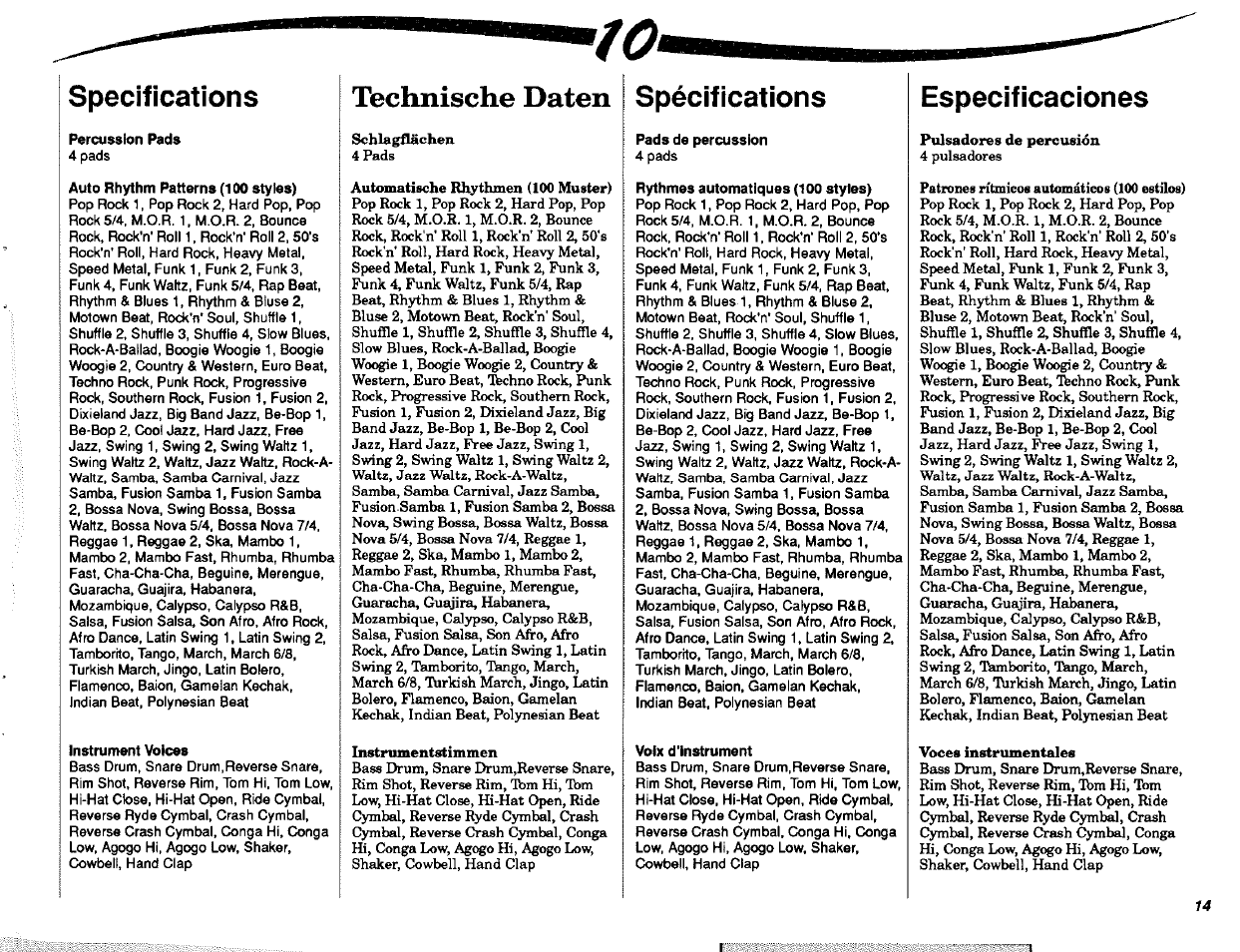 Specifications, Percussion pads, Auto rhythm patterns (100 styles) | Instrument voices, Technische daten, Spécifications, Pads de percussion, Rythmes automatiques (100 styles), Vofx d'instrument, Especificaciones | Yamaha DD-6 User Manual | Page 15 / 19