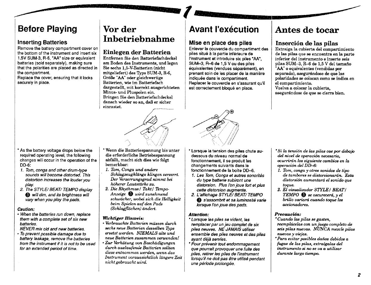 Before playing, Vor der, Inbetriebnahme | Avant l'exécution, Antes de tocar, Vor der inbetriebnahme | Yamaha DD-6 User Manual | Page 3 / 19