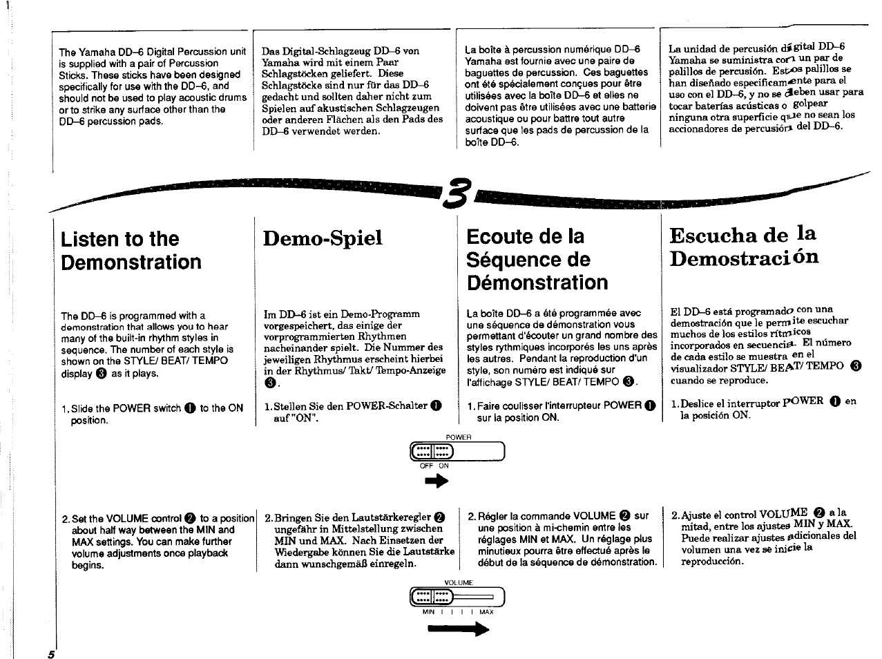 Listen to the demonstration, Demo-spiel, Escucha de la demostrad ón | Ecoute de la séquence de démonstration | Yamaha DD-6 User Manual | Page 6 / 19
