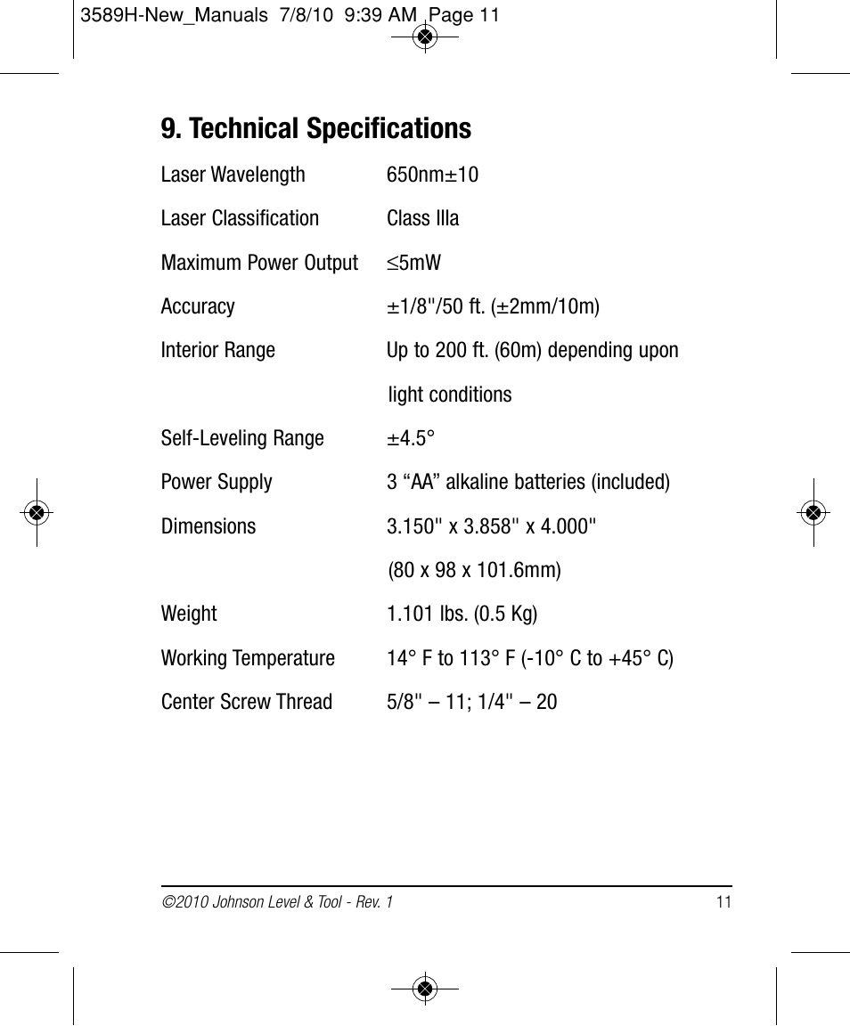 Technical specifications | Johnson Level & Tool Mfg. 40-6680 User Manual | Page 11 / 16
