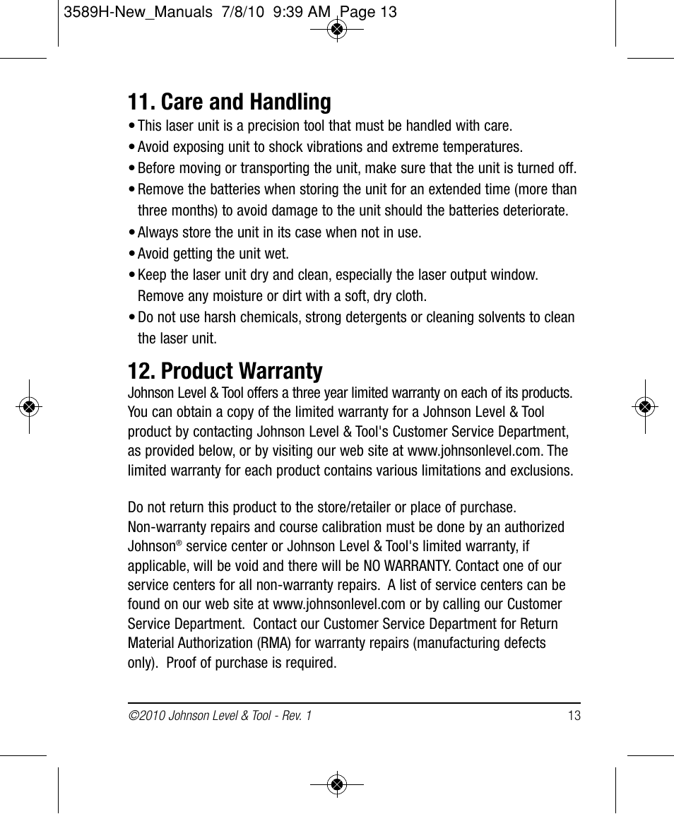 Care and handling, Product warranty | Johnson Level & Tool Mfg. 40-6680 User Manual | Page 13 / 16