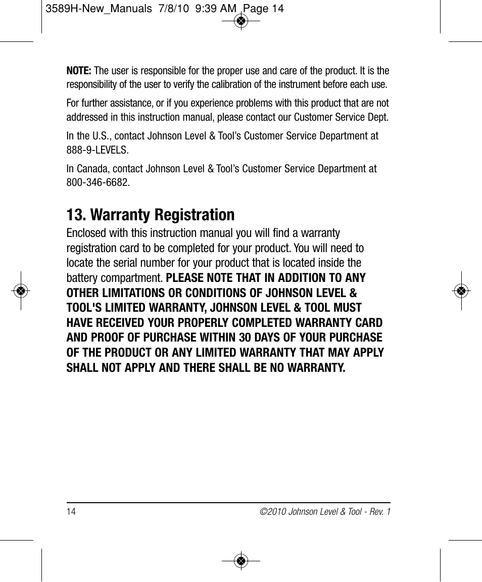 Warranty registration | Johnson Level & Tool Mfg. 40-6680 User Manual | Page 14 / 16