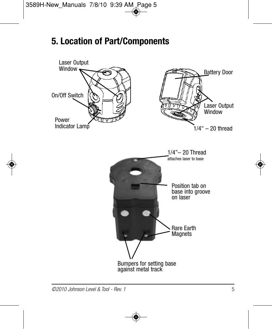 Location of part/components | Johnson Level & Tool Mfg. 40-6680 User Manual | Page 5 / 16