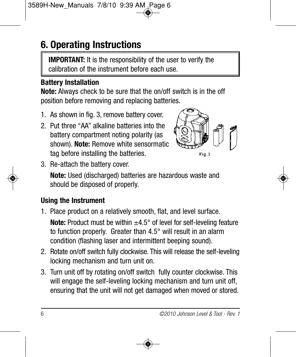 Operating instructions | Johnson Level & Tool Mfg. 40-6680 User Manual | Page 6 / 16