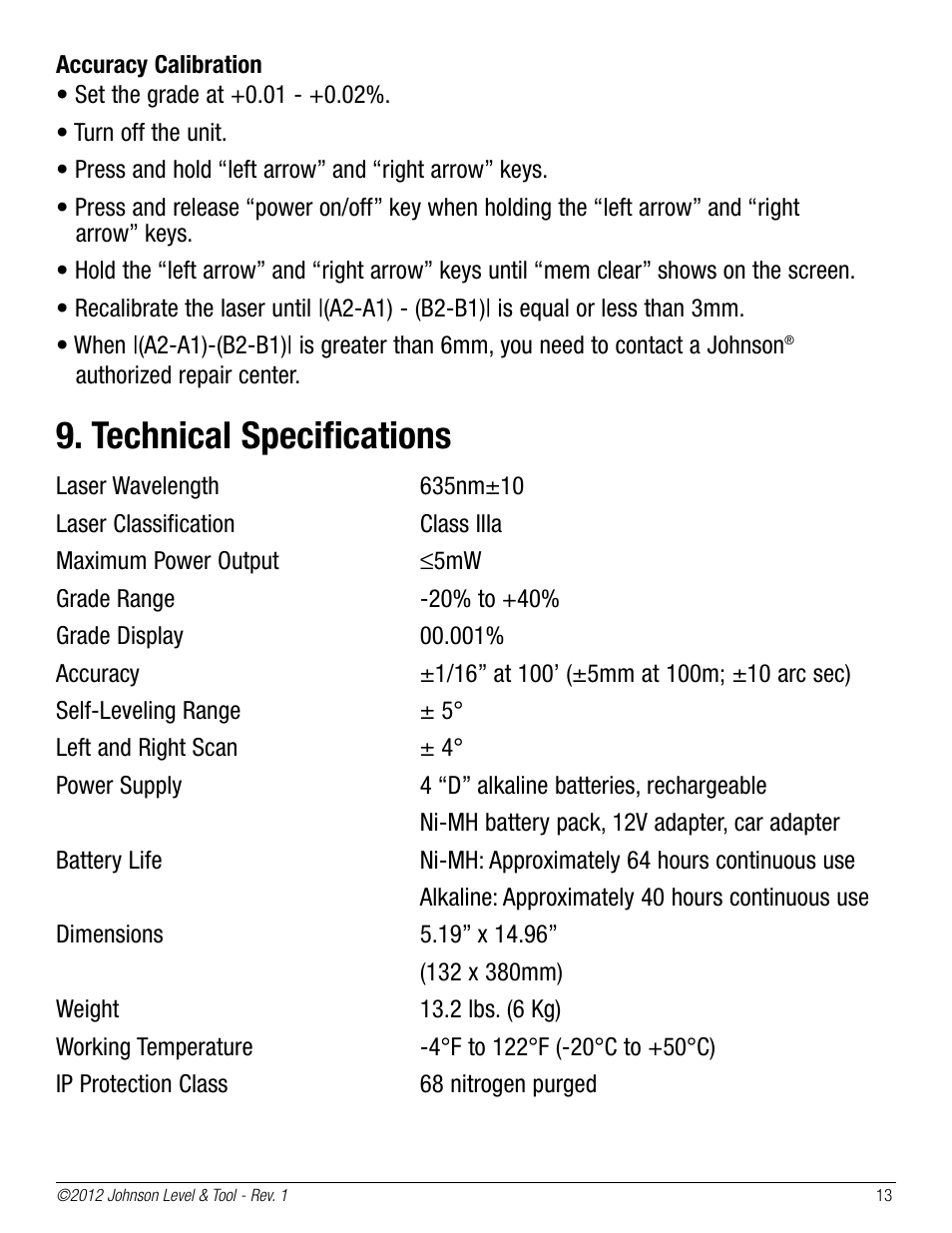 Technical specifications | Johnson Level & Tool Mfg. 40-6690 User Manual | Page 13 / 16