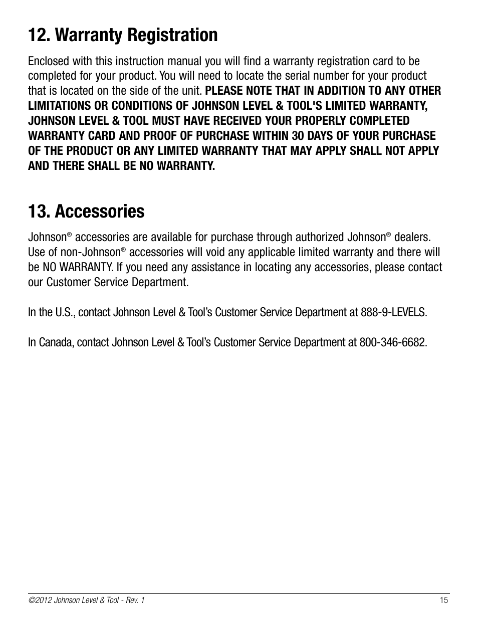 Warranty registration, Accessories | Johnson Level & Tool Mfg. 40-6690 User Manual | Page 15 / 16