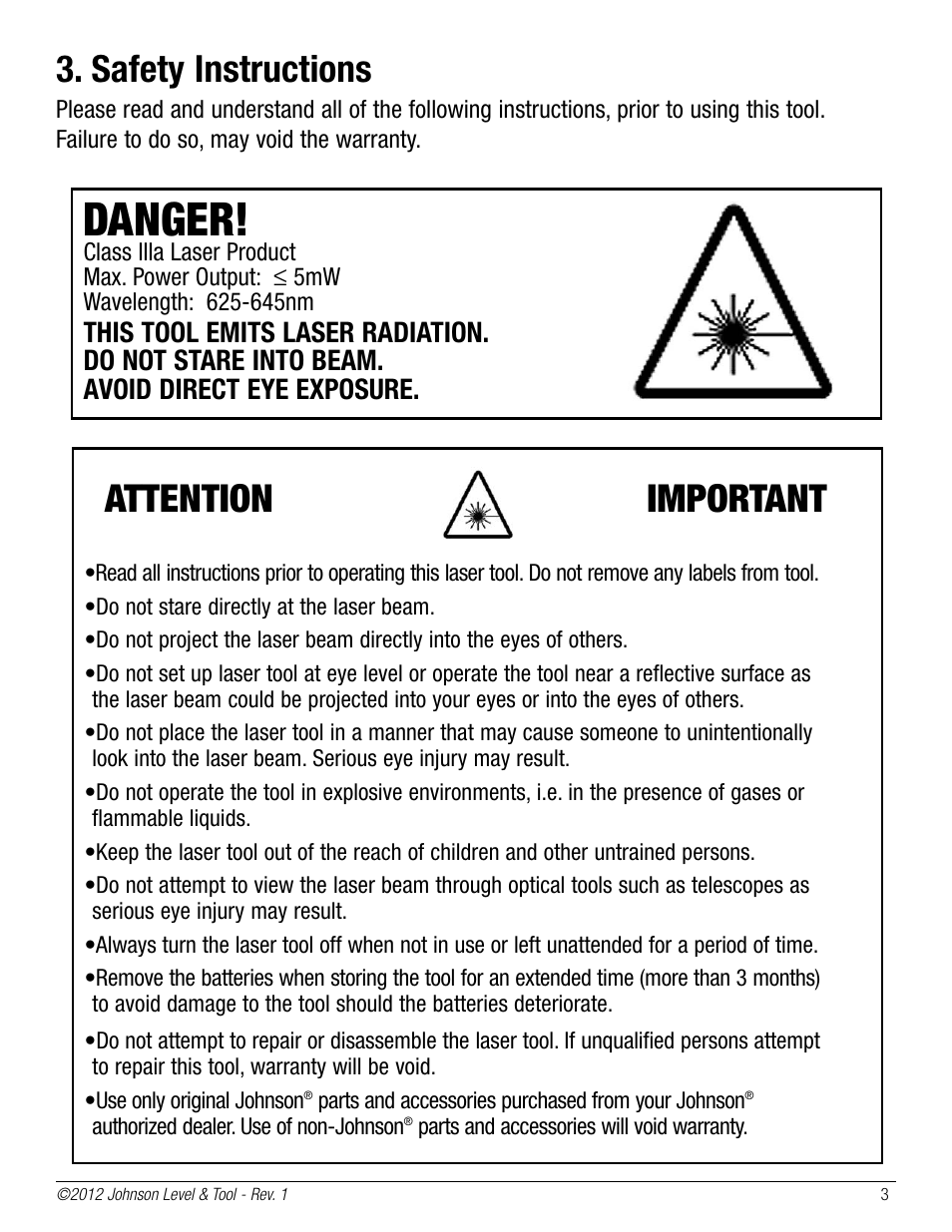 Danger, Attention important, Safety instructions | Johnson Level & Tool Mfg. 40-6690 User Manual | Page 3 / 16
