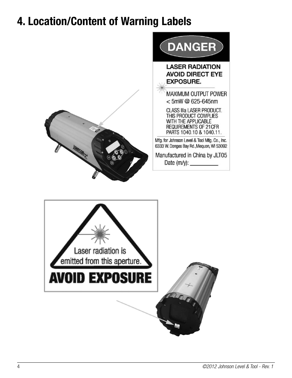 Location/content of warning labels | Johnson Level & Tool Mfg. 40-6690 User Manual | Page 4 / 16