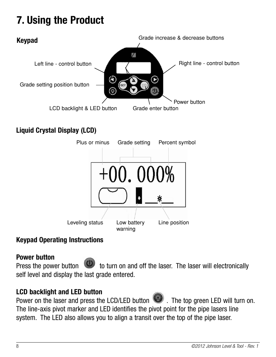 Using the product, Keypad, Liquid crystal display (lcd) | Johnson Level & Tool Mfg. 40-6690 User Manual | Page 8 / 16