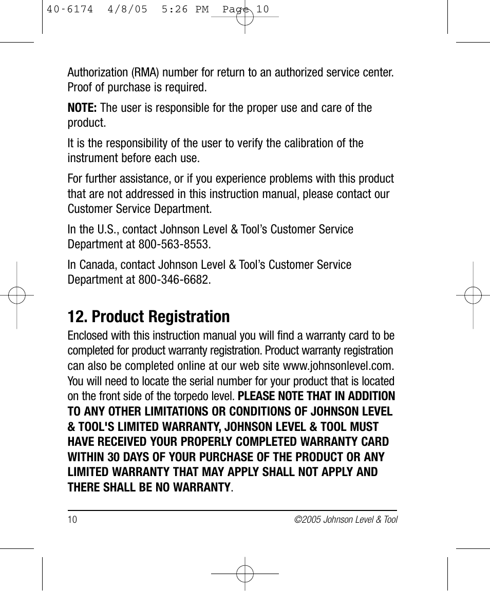 Product registration | Johnson Level & Tool Mfg. 40-6174 User Manual | Page 10 / 12