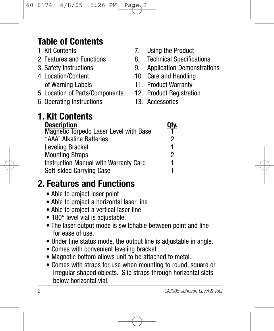 Johnson Level & Tool Mfg. 40-6174 User Manual | Page 2 / 12