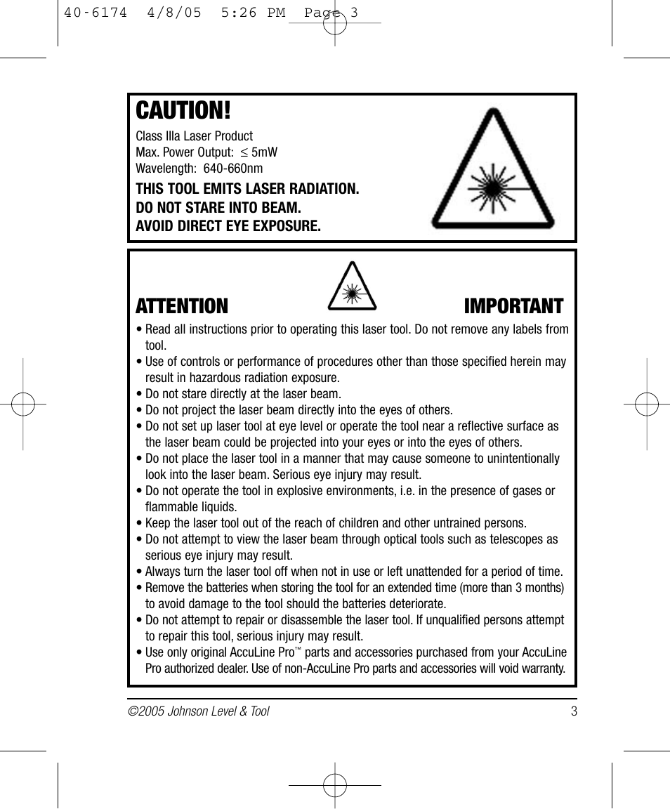 Caution, Attention important | Johnson Level & Tool Mfg. 40-6174 User Manual | Page 3 / 12