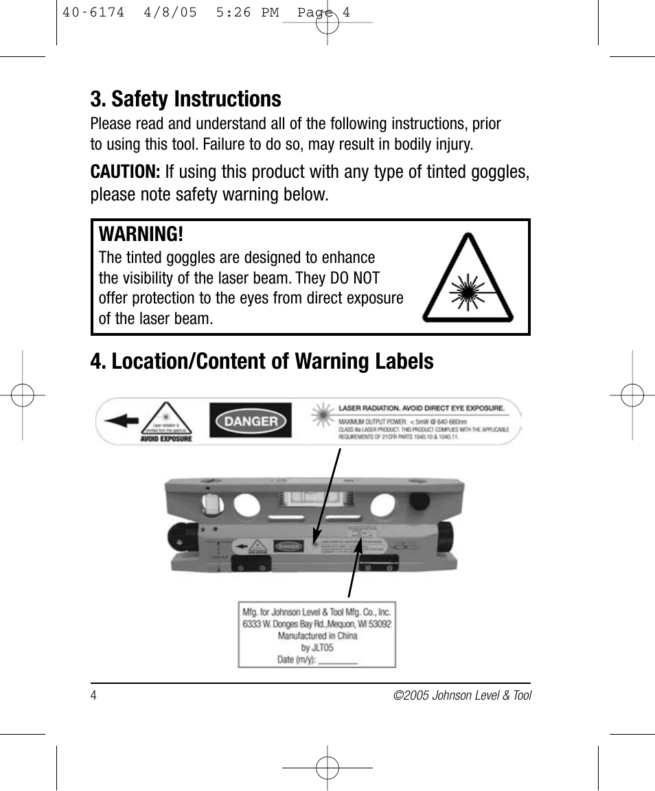 Warning | Johnson Level & Tool Mfg. 40-6174 User Manual | Page 4 / 12