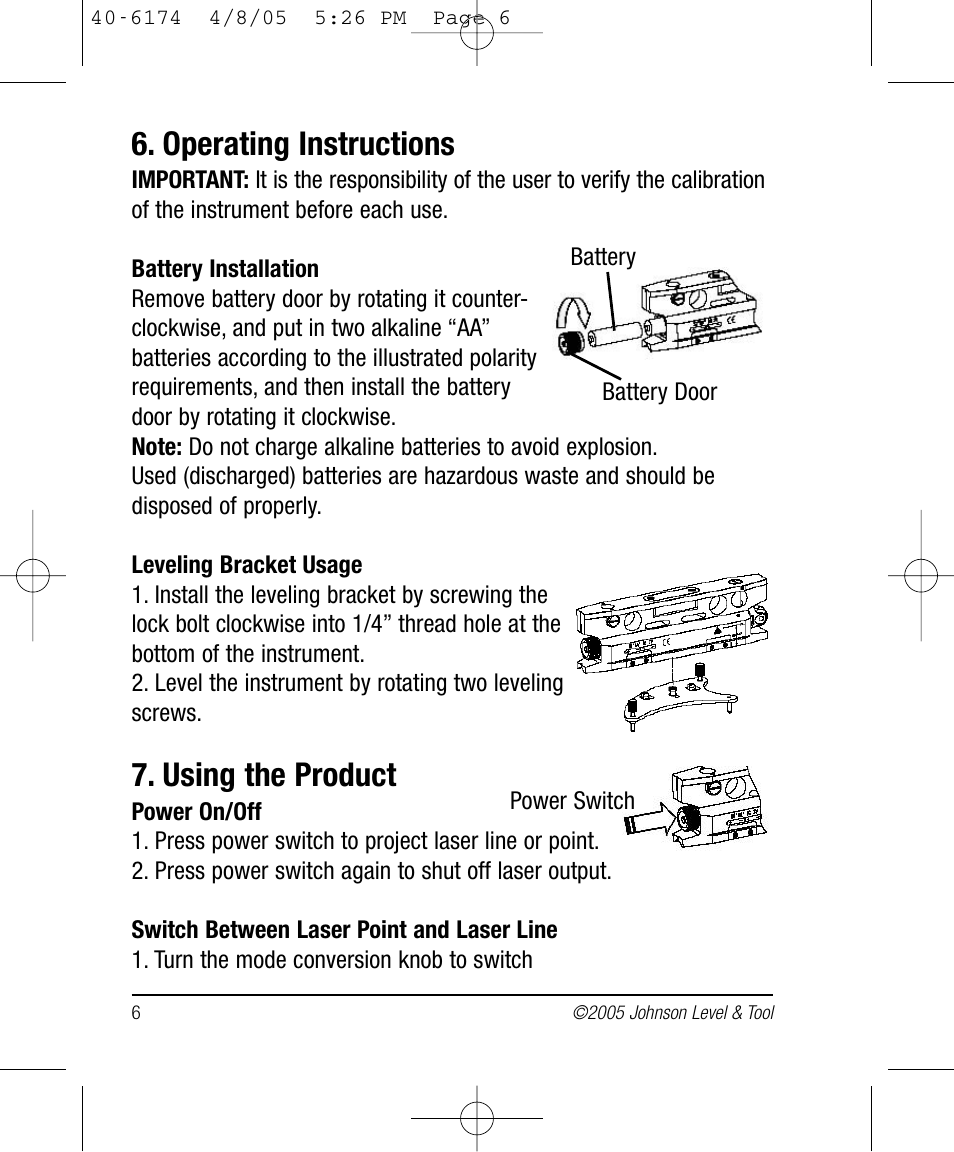 Operating instructions, Using the product | Johnson Level & Tool Mfg. 40-6174 User Manual | Page 6 / 12