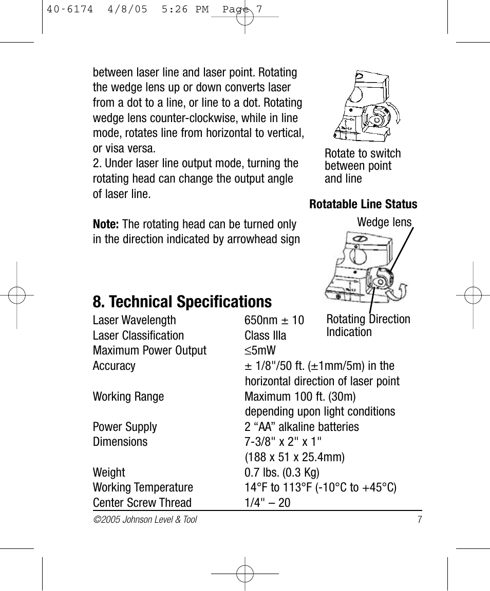 Technical specifications | Johnson Level & Tool Mfg. 40-6174 User Manual | Page 7 / 12