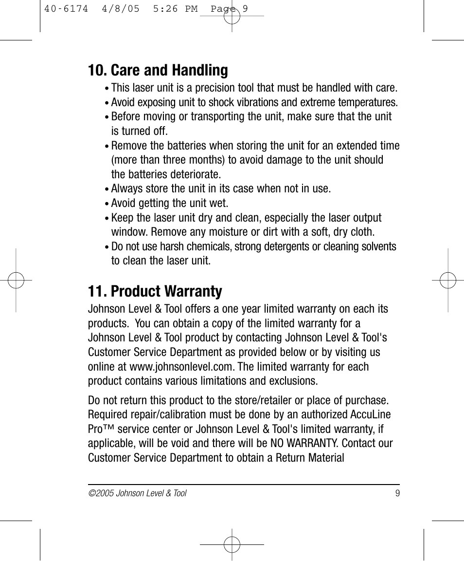 Care and handling, Product warranty | Johnson Level & Tool Mfg. 40-6174 User Manual | Page 9 / 12