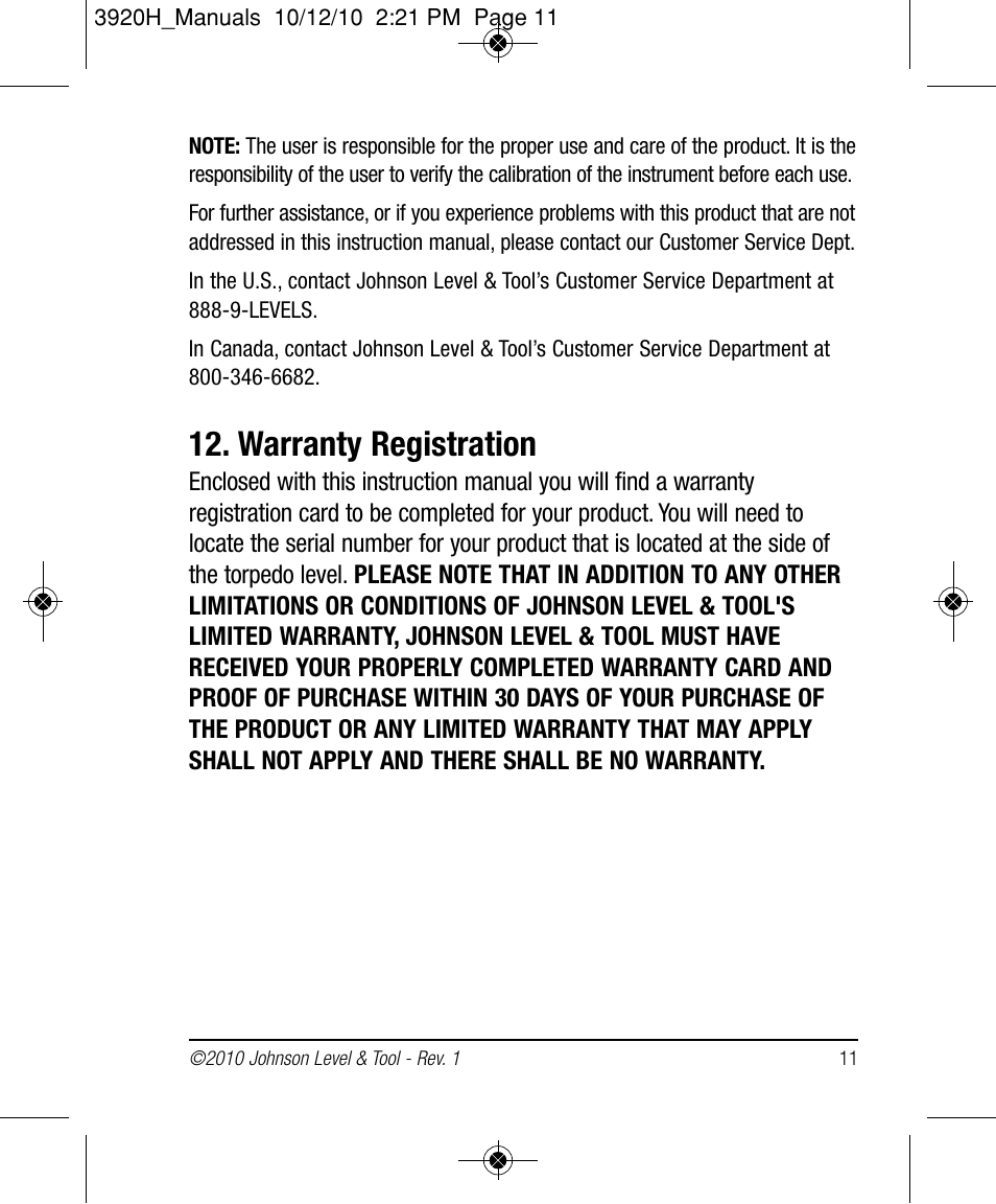 Warranty registration | Johnson Level & Tool Mfg. 40-6164 User Manual | Page 11 / 12