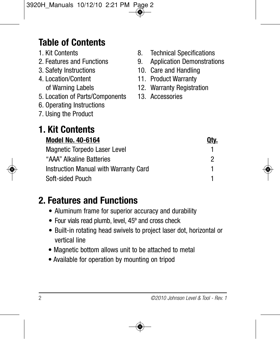 Johnson Level & Tool Mfg. 40-6164 User Manual | Page 2 / 12