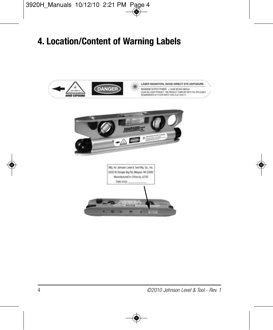 Location/content of warning labels | Johnson Level & Tool Mfg. 40-6164 User Manual | Page 4 / 12