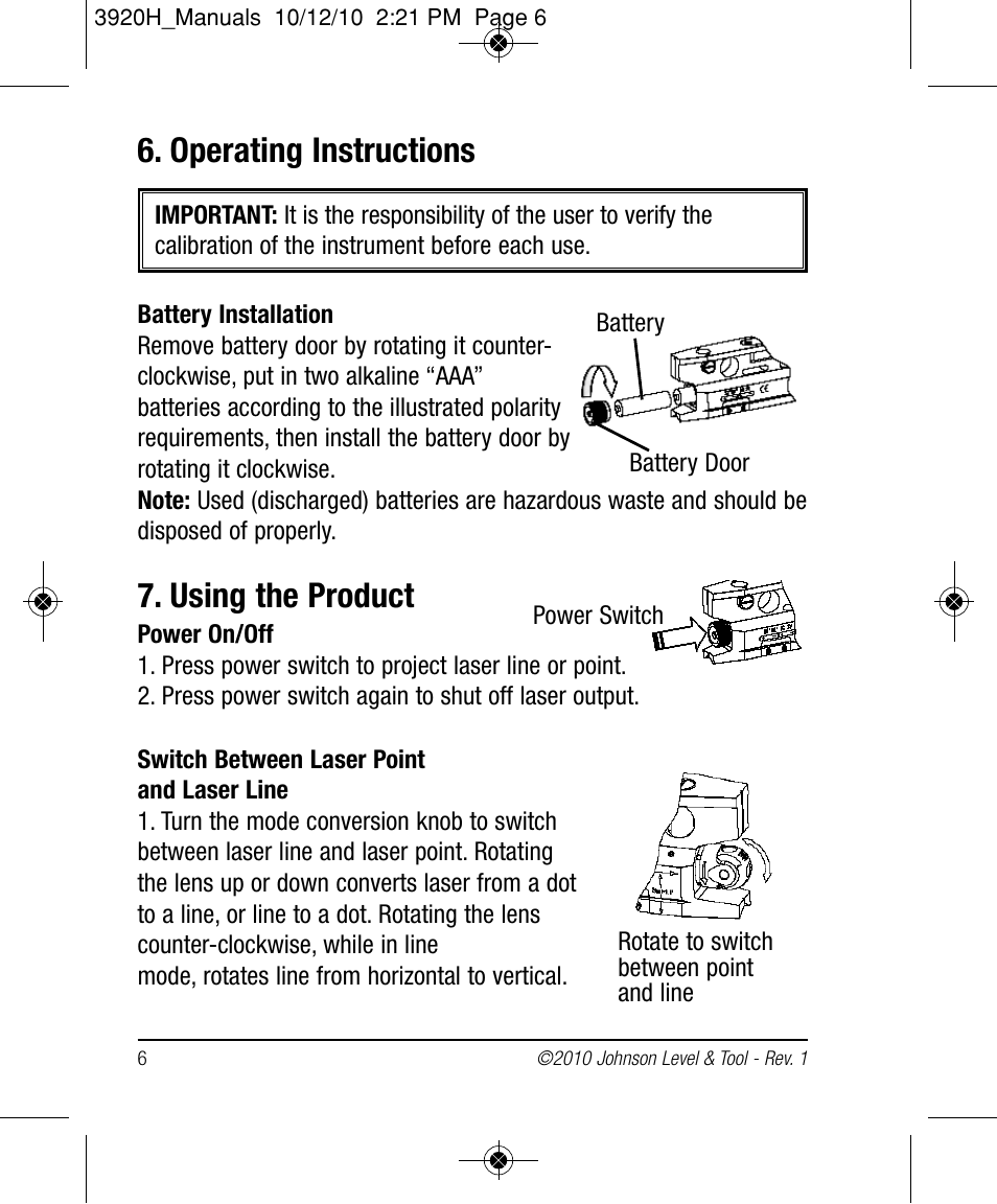Operating instructions, Using the product | Johnson Level & Tool Mfg. 40-6164 User Manual | Page 6 / 12