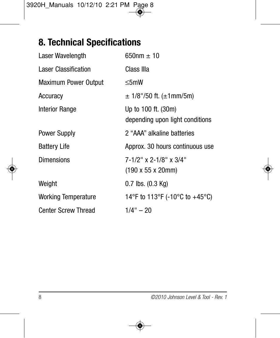 Technical specifications | Johnson Level & Tool Mfg. 40-6164 User Manual | Page 8 / 12
