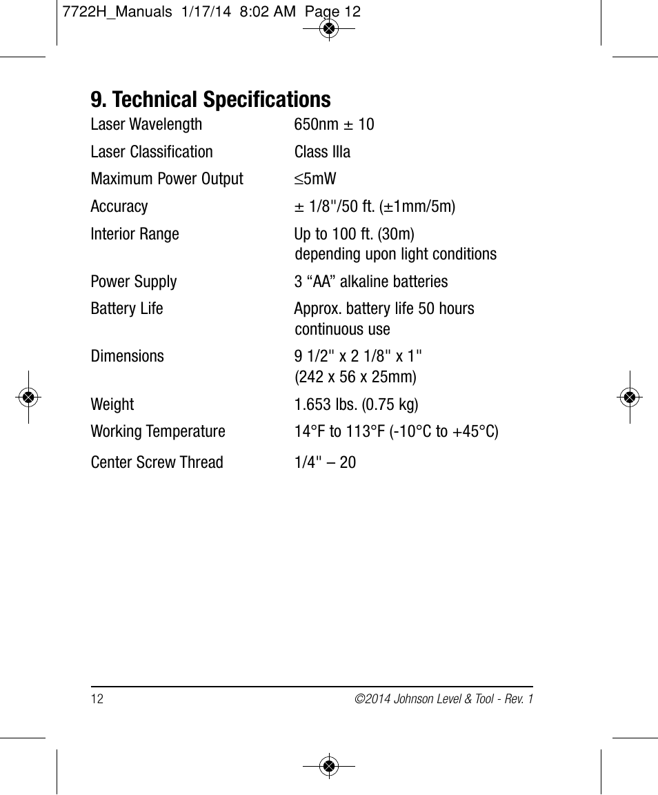 Technical specifications | Johnson Level & Tool Mfg. 40-6184 User Manual | Page 12 / 16
