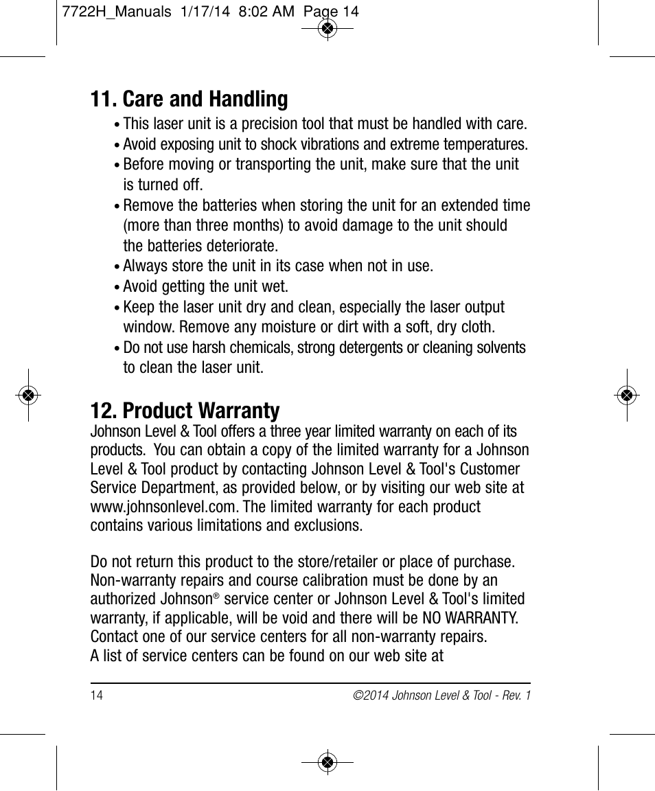 Care and handling, Product warranty | Johnson Level & Tool Mfg. 40-6184 User Manual | Page 14 / 16