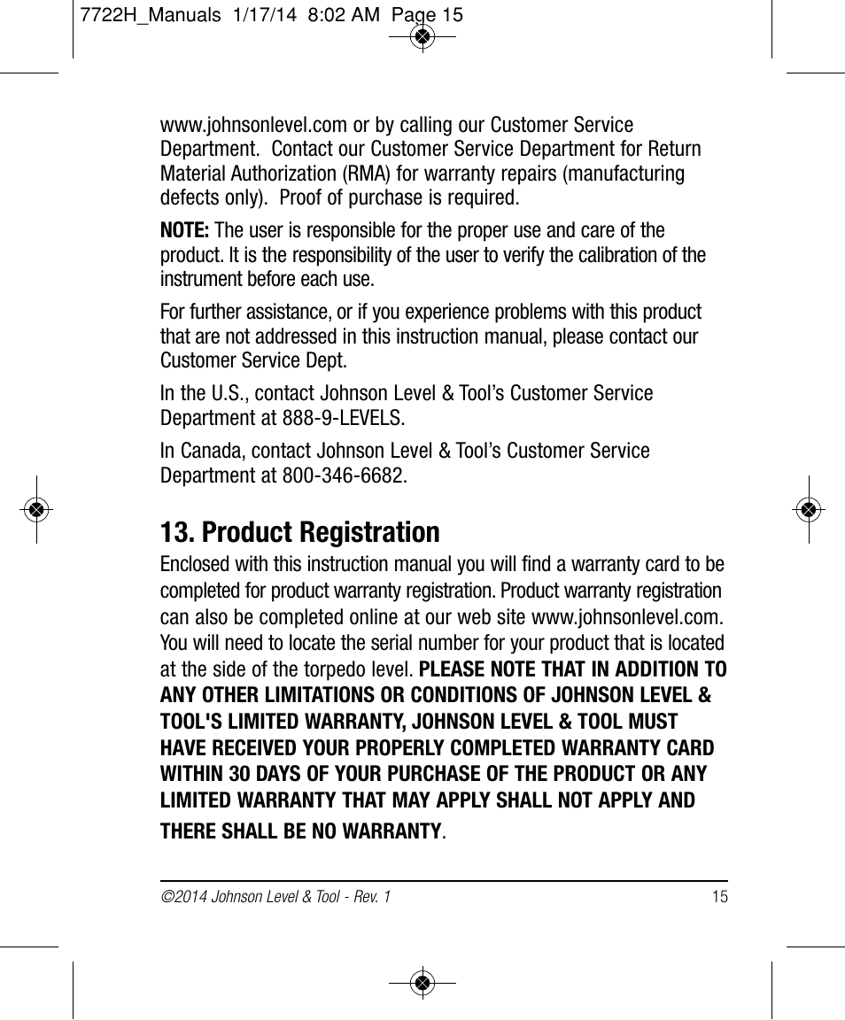 Product registration | Johnson Level & Tool Mfg. 40-6184 User Manual | Page 15 / 16