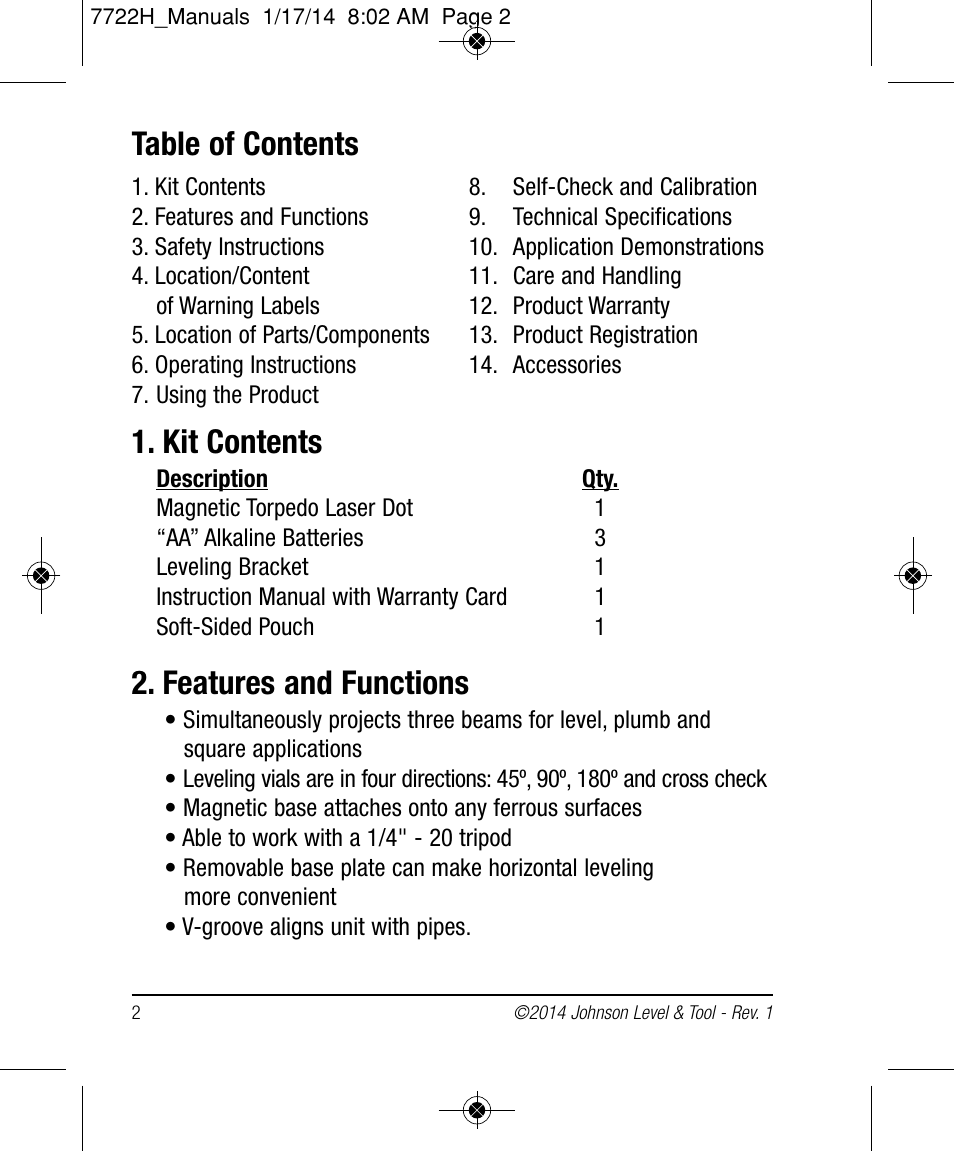 Johnson Level & Tool Mfg. 40-6184 User Manual | Page 2 / 16