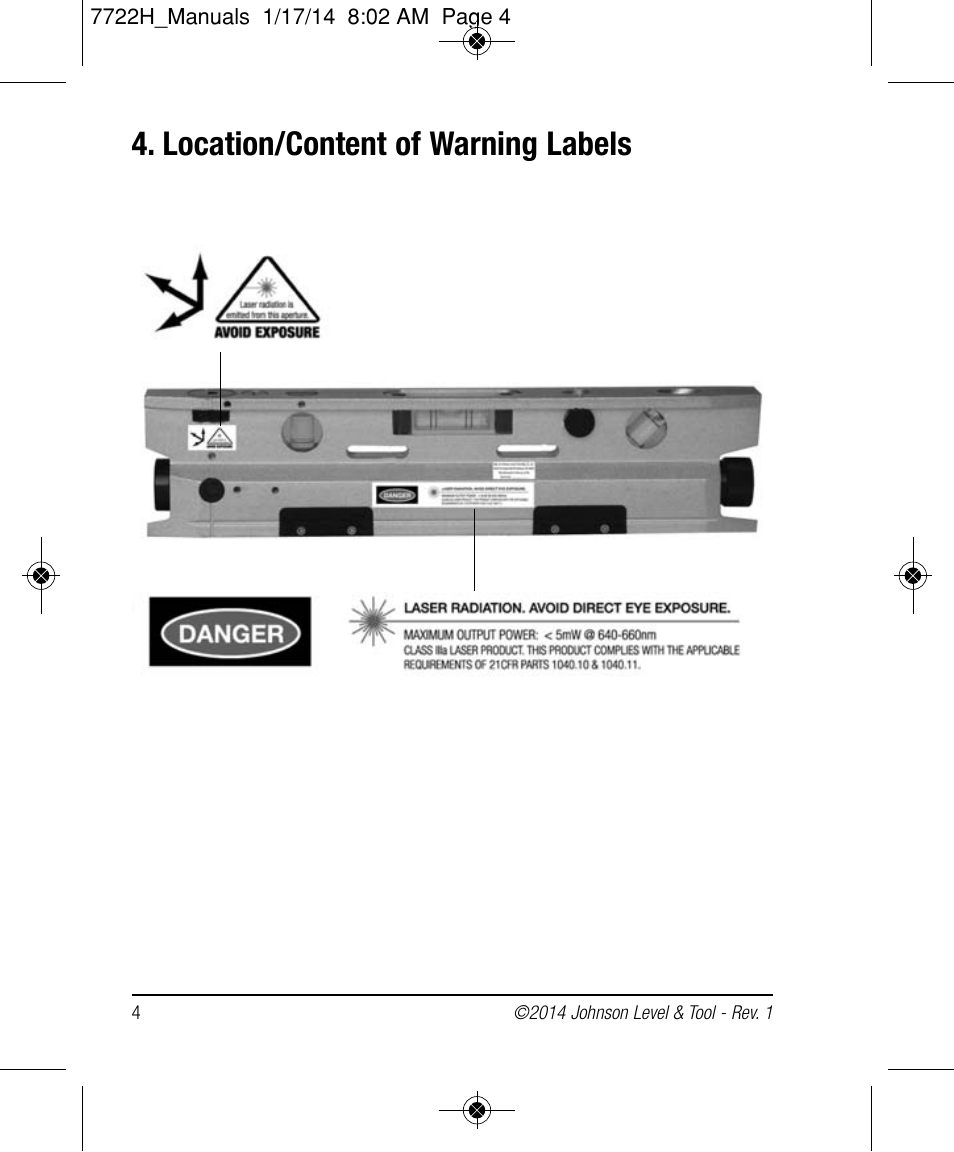 Location/content of warning labels | Johnson Level & Tool Mfg. 40-6184 User Manual | Page 4 / 16