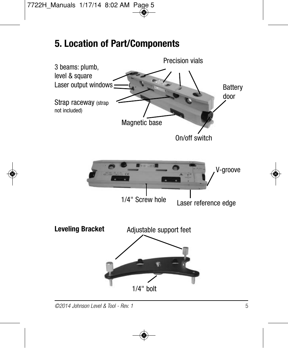 Location of part/components | Johnson Level & Tool Mfg. 40-6184 User Manual | Page 5 / 16