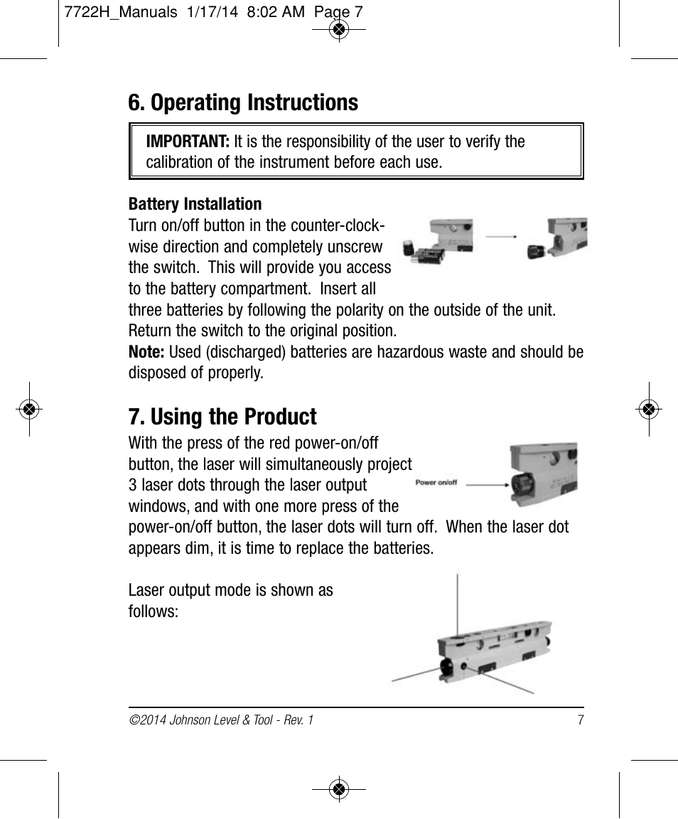 Operating instructions, Using the product | Johnson Level & Tool Mfg. 40-6184 User Manual | Page 7 / 16