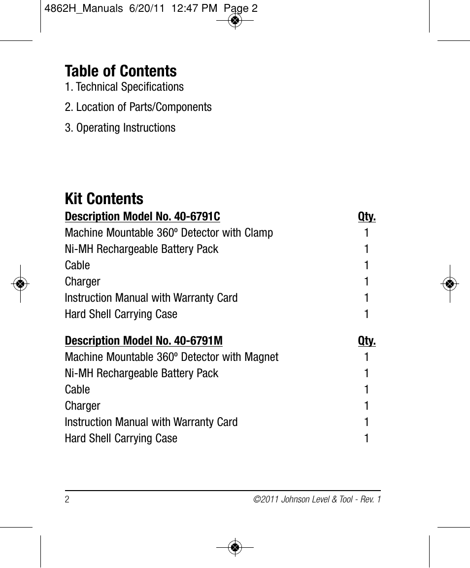 Johnson Level & Tool Mfg. 40-6791M User Manual | Page 2 / 10