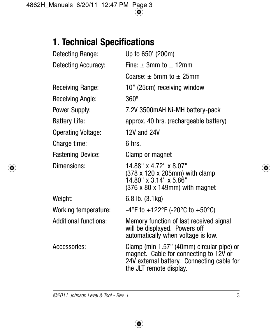 Technical specifications | Johnson Level & Tool Mfg. 40-6791M User Manual | Page 3 / 10
