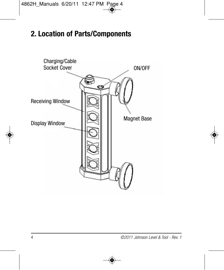 Location of parts/components | Johnson Level & Tool Mfg. 40-6791M User Manual | Page 4 / 10