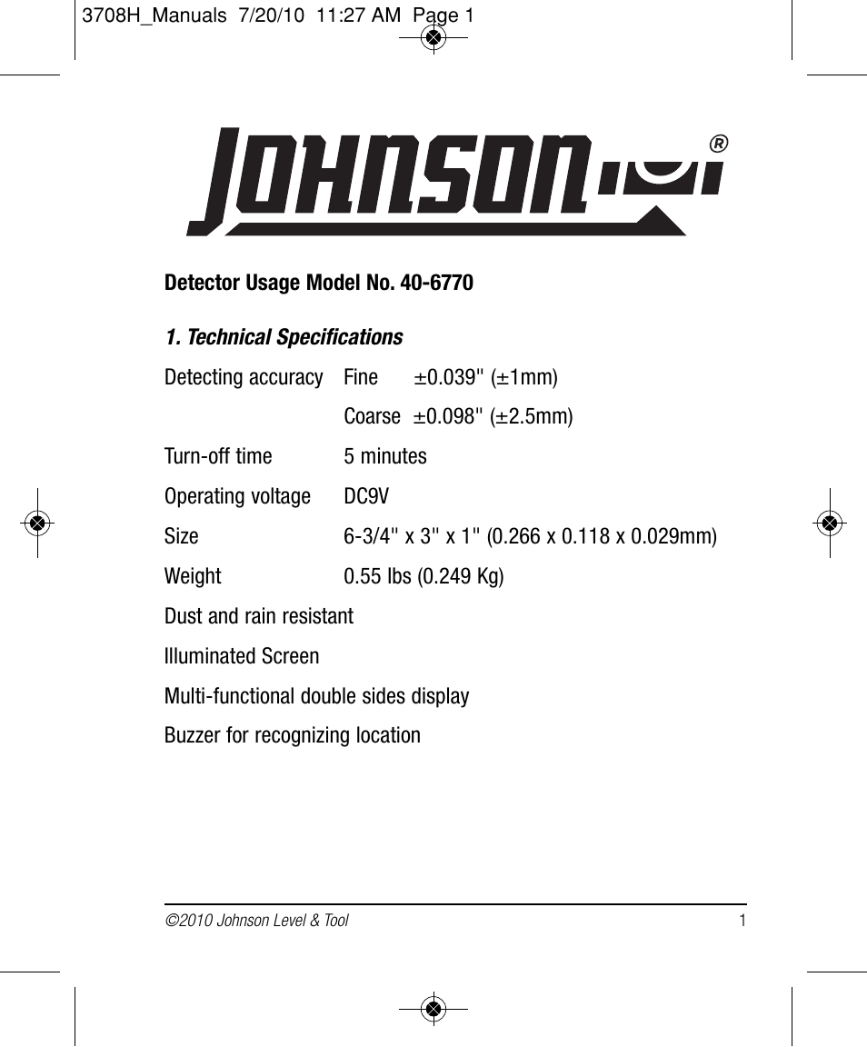 Johnson Level & Tool Mfg. 40-6770 User Manual | 6 pages