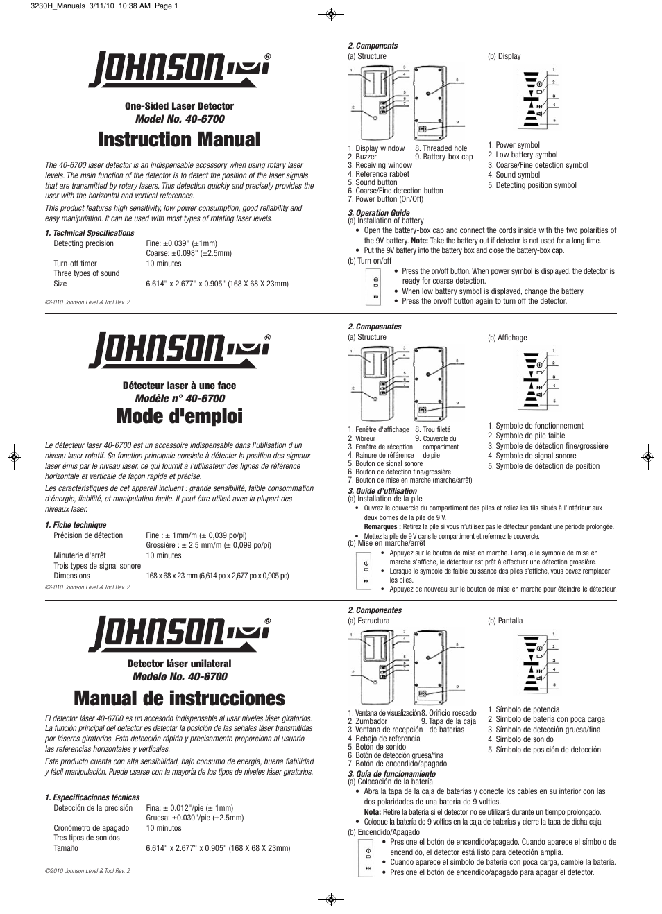 Johnson Level & Tool Mfg. 40-6700 User Manual | 2 pages
