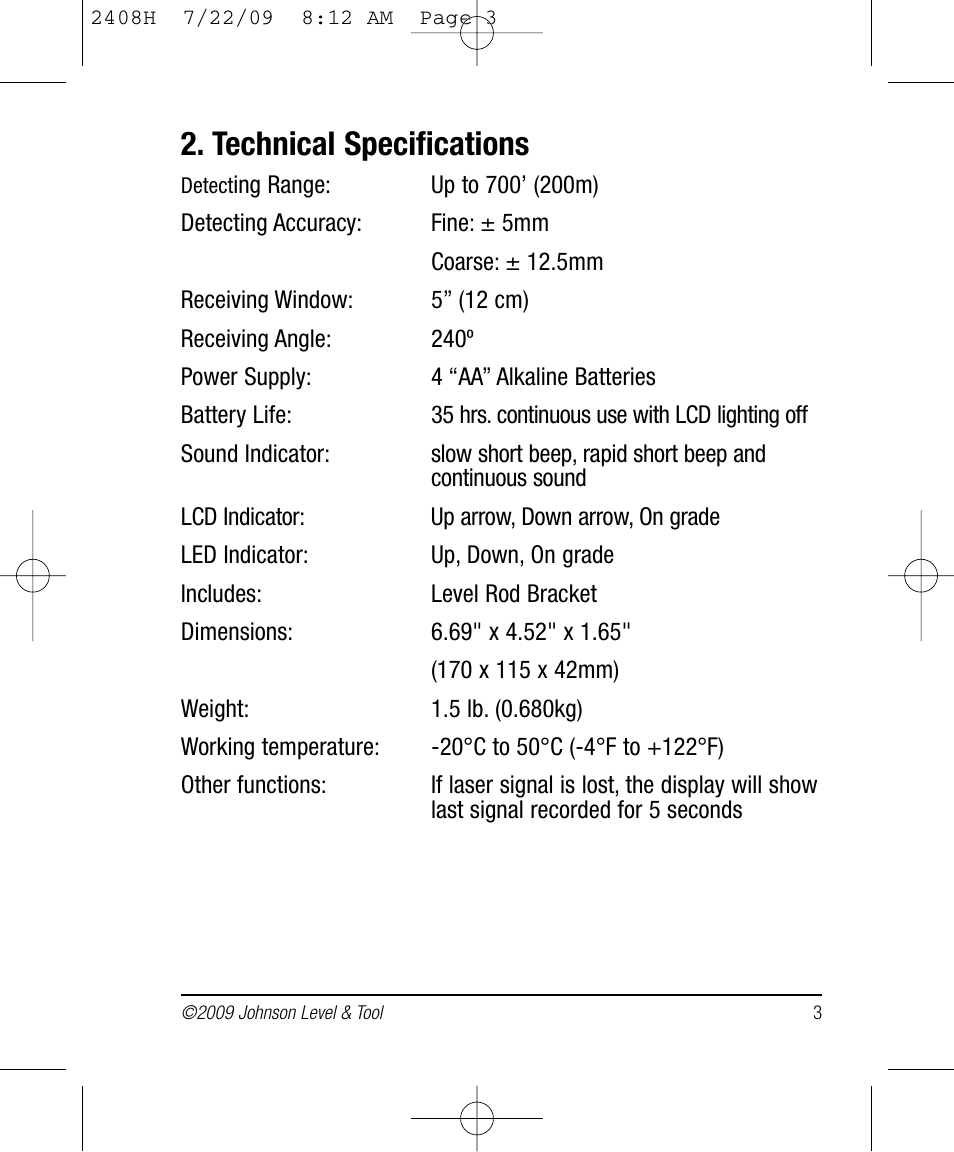 Technical specifications | Johnson Level & Tool Mfg. 40-6790 User Manual | Page 3 / 10