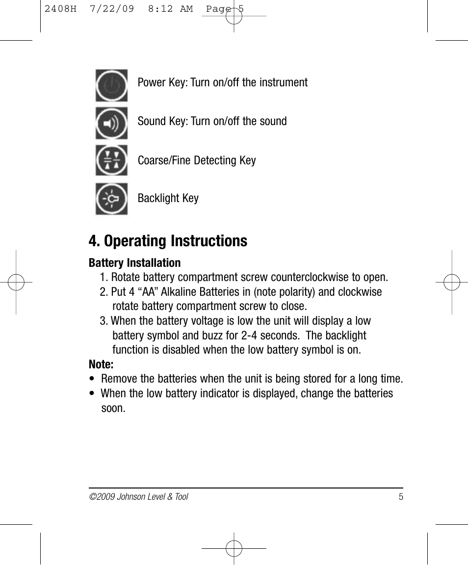 Operating instructions | Johnson Level & Tool Mfg. 40-6790 User Manual | Page 5 / 10
