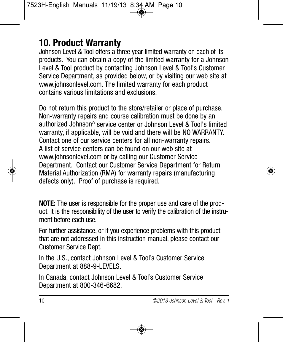 Product warranty | Johnson Level & Tool Mfg. 40-0915 User Manual | Page 10 / 10